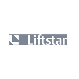 Logo von Liftstar mit weißer Schrift und weißen Dreiecken auf der linken Seite auf einem grauen Hintergrund