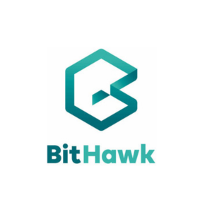Logo von BitHawk in türkis mit einer großen geometrischen Form darüber