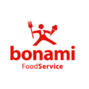 Logo von bonami in roter Farbe mit einem Männchen mit einer Gabel und einem Eis über der Schrift, sowie der Schriftzug 'FoodService' darunter