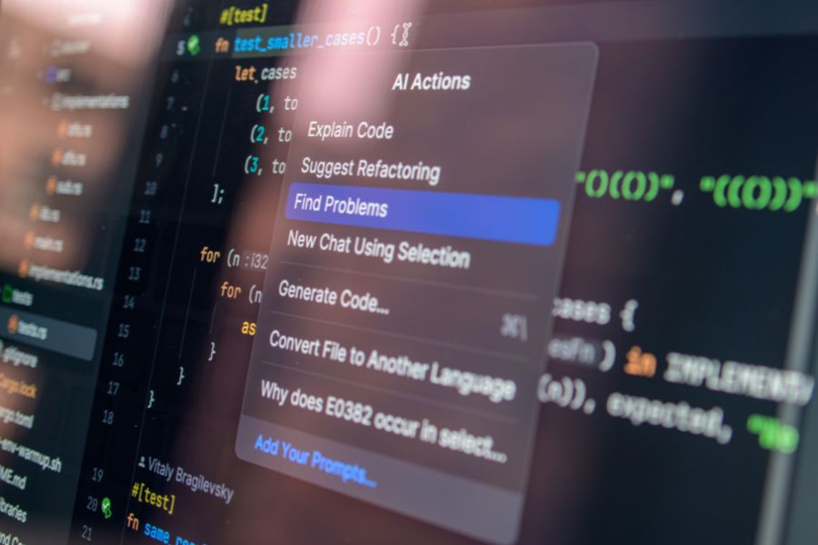 Prüfung von KI-Vorschlägen Auf dem Bildschirm eines Computers sind Codes zu sehen und darüber eine Darstellung möglicher Aktionen, bei der "Find Problems" ausgewählt ist.